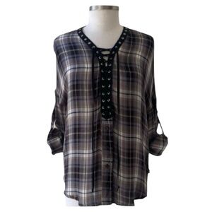 HYFVE Black and Grey Plaid Lace Up Front Long Sleeve Top Size Medium